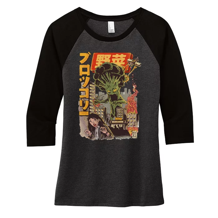 Japanese Japan Kaiju Vegetable Broccoli Anime Women's Tri-Blend 3/4-Sleeve Raglan Shirt