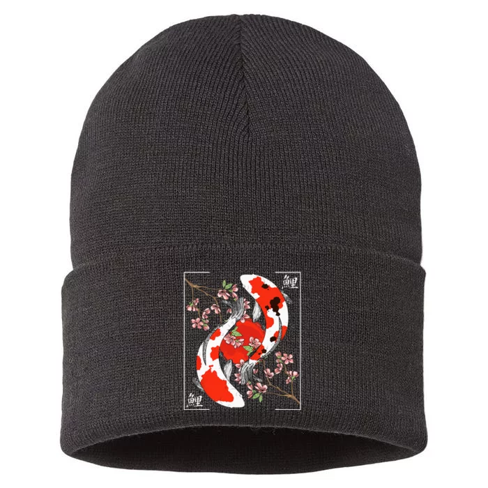 Japanese Koi Carp Fish Nishikigoi Aesthetic Cherry Blossom Sustainable Knit Beanie