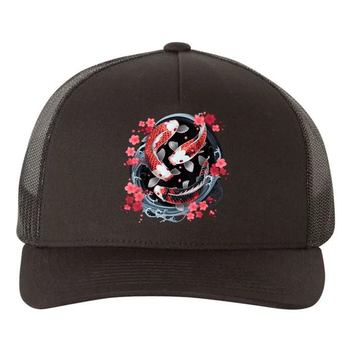 Japanese Koi Carp Ying Yang Nishikigoi Fish Cherry Blossom Yupoong Adult 5-Panel Trucker Hat