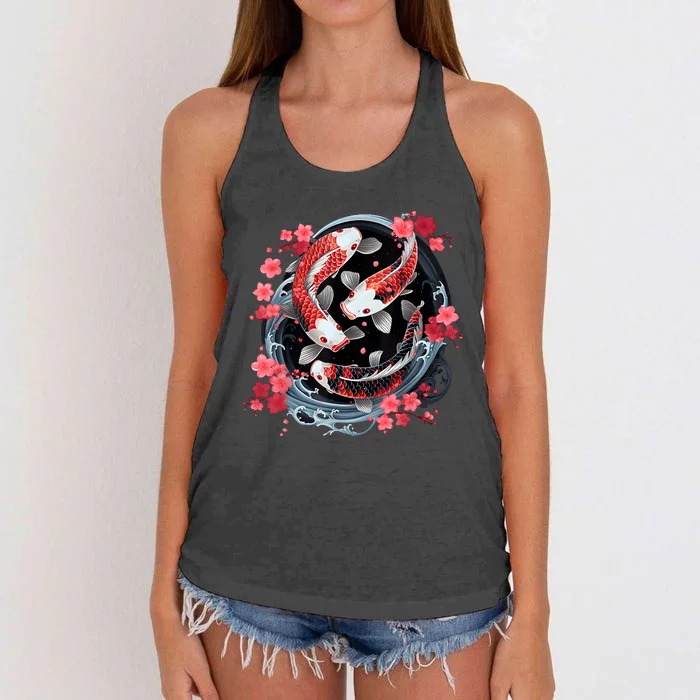 Japanese Koi Carp Ying Yang Nishikigoi Fish Cherry Blossom Women's Knotted Racerback Tank