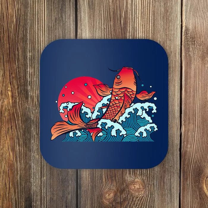 Japanese Koi Fish Breaching The Water Sunset Coaster