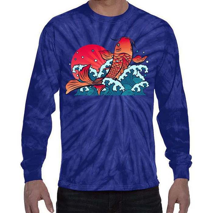 Japanese Koi Fish Breaching The Water Sunset Tie-Dye Long Sleeve Shirt