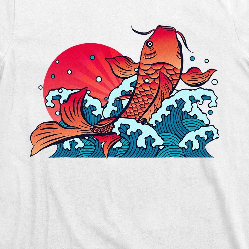 Japanese Koi Fish Breaching The Water Sunset T-Shirt