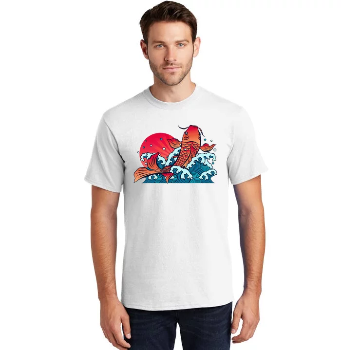 Japanese Koi Fish Breaching The Water Sunset Tall T-Shirt