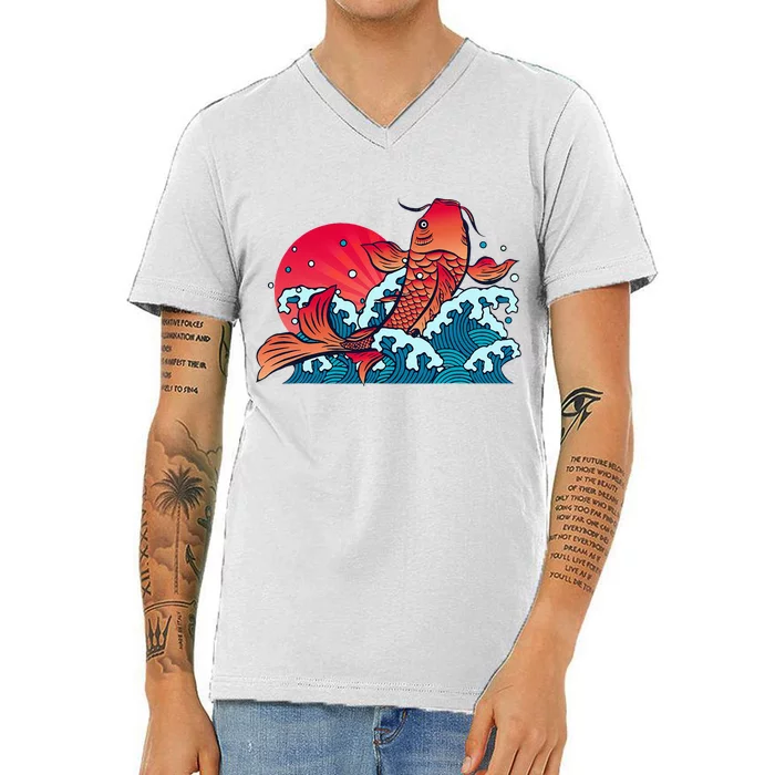 Japanese Koi Fish Breaching The Water Sunset V-Neck T-Shirt