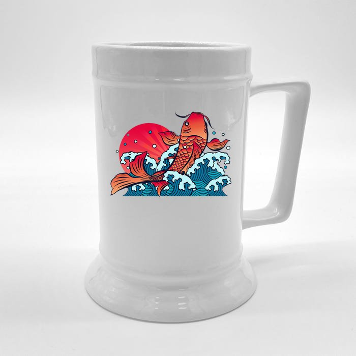 Japanese Koi Fish Breaching The Water Sunset Front & Back Beer Stein