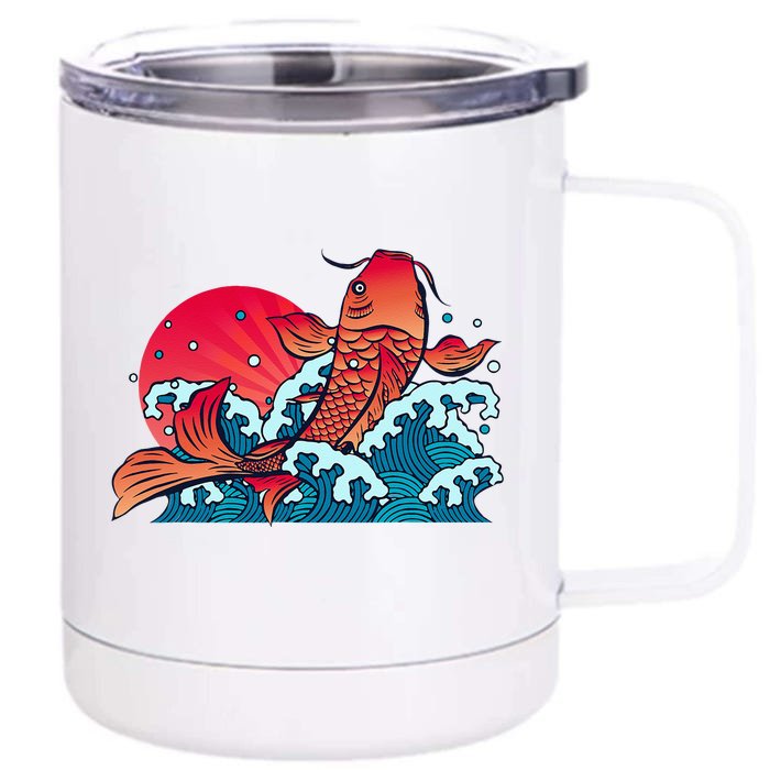 Japanese Koi Fish Breaching The Water Sunset Front & Back 12oz Stainless Steel Tumbler Cup