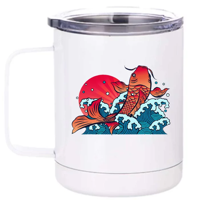 Japanese Koi Fish Breaching The Water Sunset Front & Back 12oz Stainless Steel Tumbler Cup