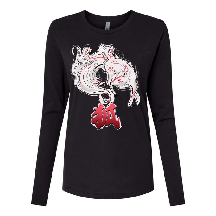 Japanese Kitsune Fox Brush Art Womens Cotton Relaxed Long Sleeve T-Shirt