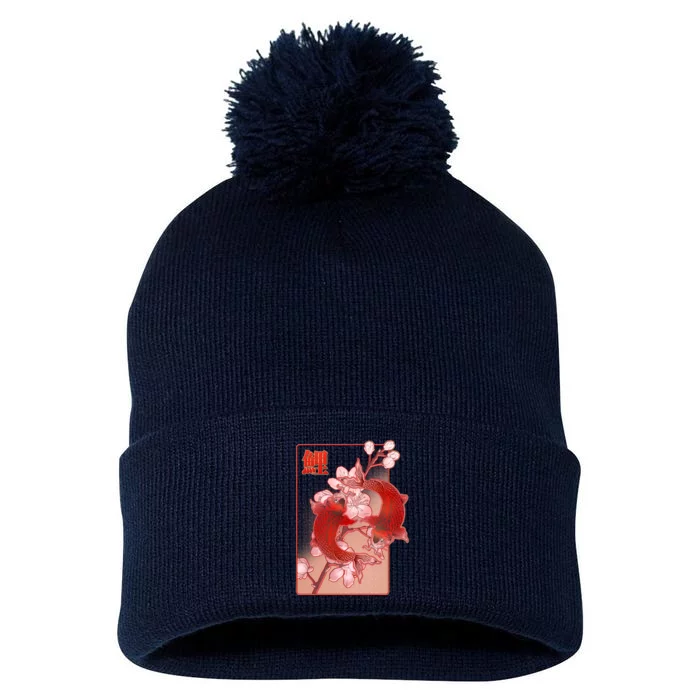 Japanese Koi Fish And Cherry Blossoms Pom Pom 12in Knit Beanie