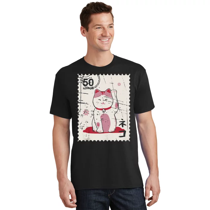 Japanese Kawaii Lucky Cat Stamp Art T-Shirt