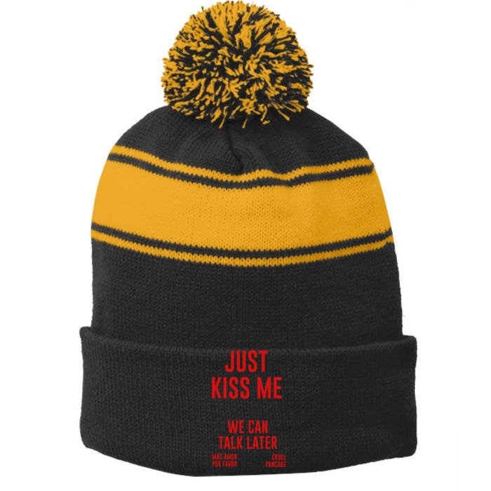 Just Kiss Me Front & Back Stripe Pom Pom Beanie