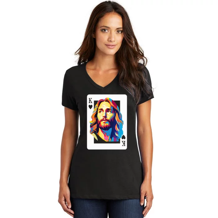 Jesus King Of Hearts Kings Of Kings Christian Playing Cards Christ Women's V-Neck T-Shirt