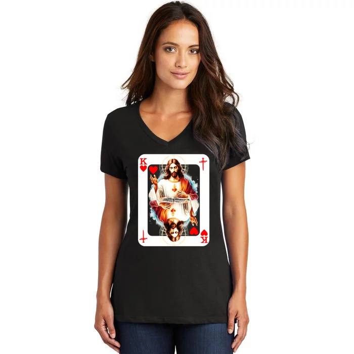 Jesus King Of Hearts Christian Sacred Heart Of Jesus Christ 3 Nails Cross Women's V-Neck T-Shirt