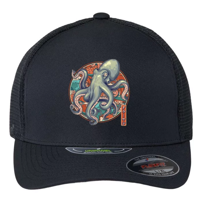 Japanese Kracken Octopus Monster Flexfit Unipanel Trucker Cap