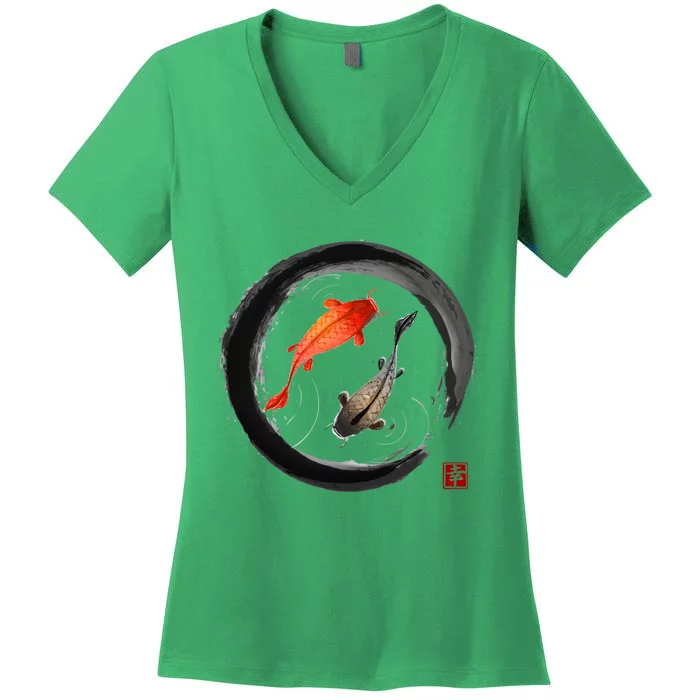 Japanese Koi Vintage Ink Shodo Women's V-Neck T-Shirt