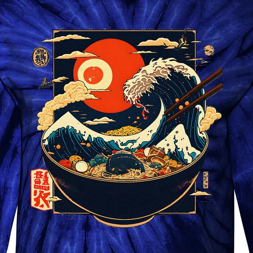 Japanese Kanagawa Wave Ramen Graphic Retro Anime Noodles Art Tie-Dye Long Sleeve Shirt