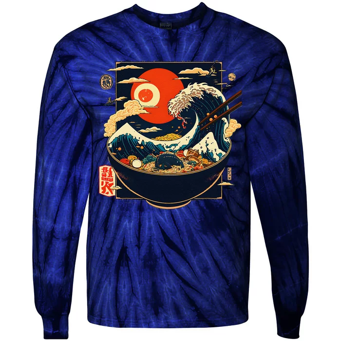 Japanese Kanagawa Wave Ramen Graphic Retro Anime Noodles Art Tie-Dye Long Sleeve Shirt