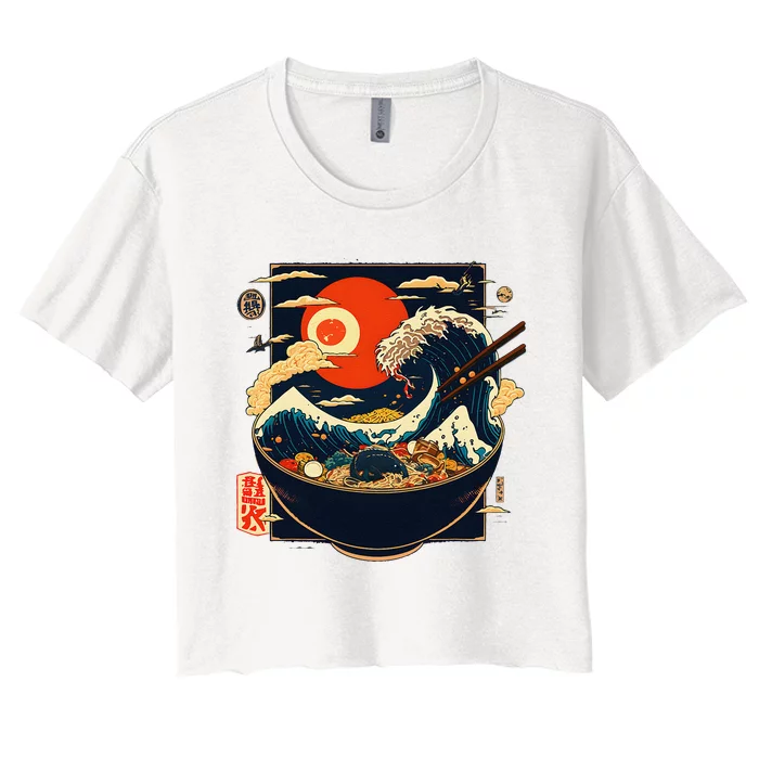 Japanese Kanagawa Wave Ramen Graphic Retro Anime Noodles Art Women's Crop Top Tee