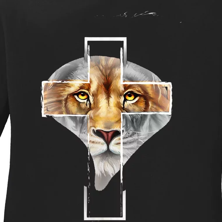 Judah Lion Cross Jesus Christ Religious Faith In God Ladies Long Sleeve Shirt