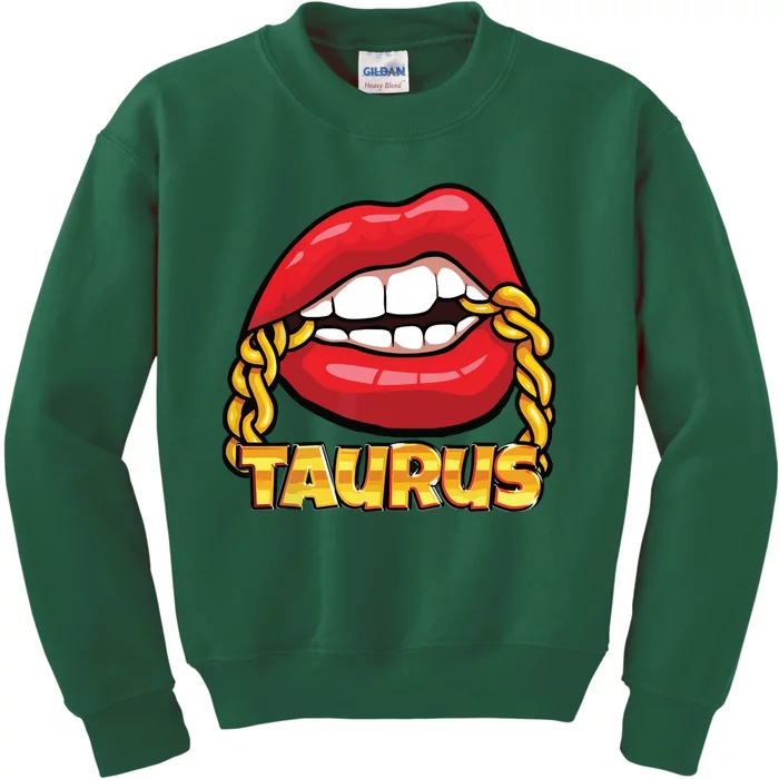 Juicy Lips Gold Chain Taurus Zodiac Sign Kids Sweatshirt