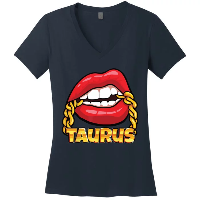 Juicy Lips Gold Chain Taurus Zodiac Sign Women's V-Neck T-Shirt