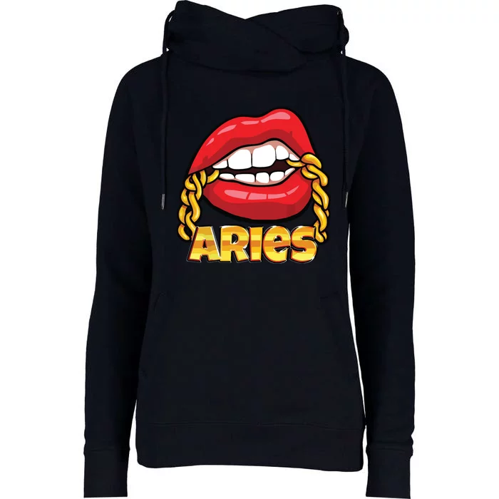 Juicy Lips Gold Chain Aries Zodiac Sign Womens Funnel Neck Pullover Hood