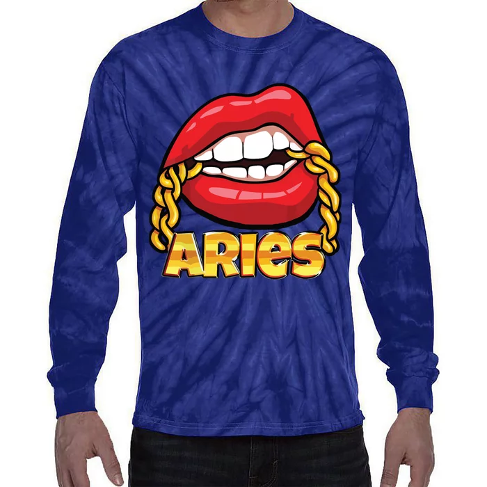 Juicy Lips Gold Chain Aries Zodiac Sign Tie-Dye Long Sleeve Shirt