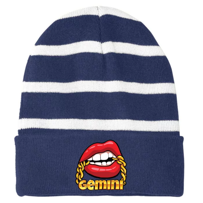 Juicy Lips Gold Chain Gemini Zodiac Sign Striped Beanie with Solid Band