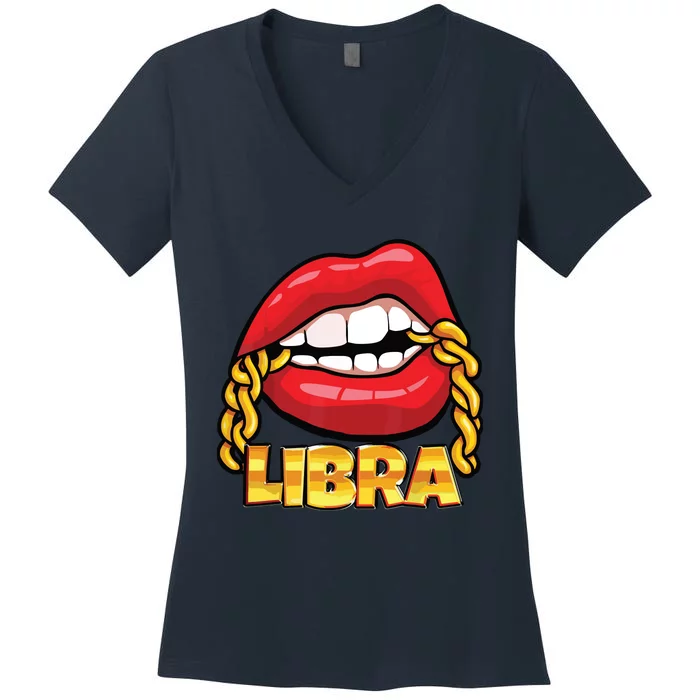 Juicy Lips Gold Chain Libra Zodiac Sign Women's V-Neck T-Shirt