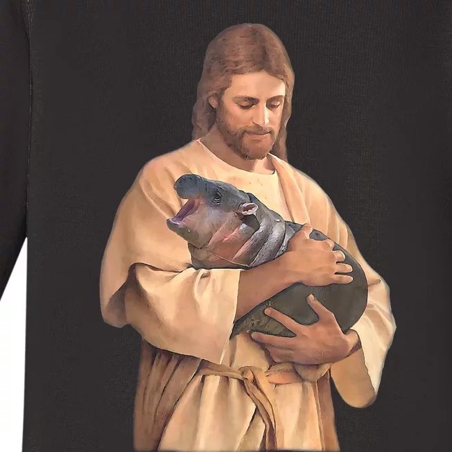 Jesus Loves Moo Deng Bouncy Pig Cute Baby Hippo Meme Baby Long Sleeve Bodysuit