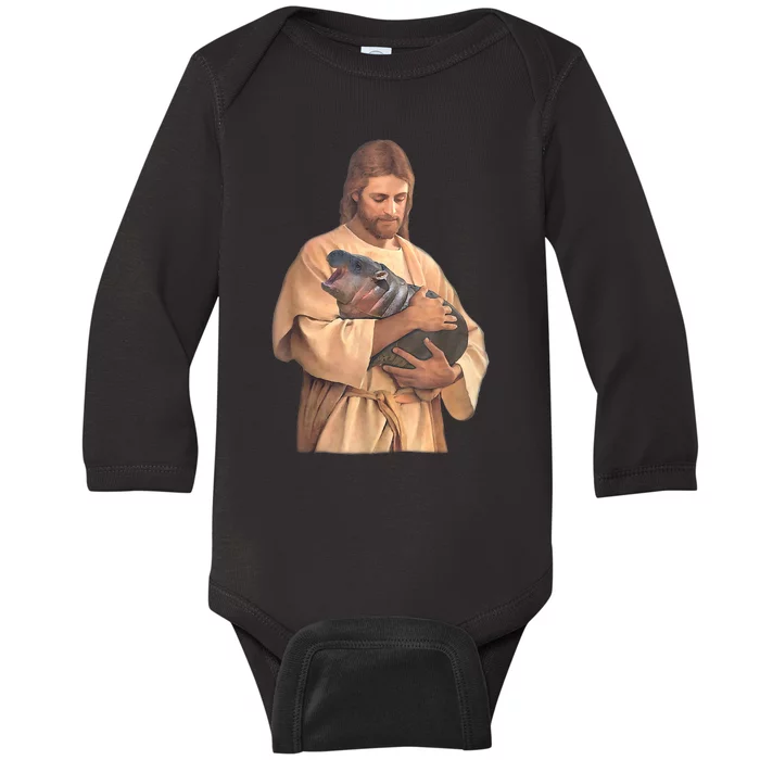 Jesus Loves Moo Deng Bouncy Pig Cute Baby Hippo Meme Baby Long Sleeve Bodysuit