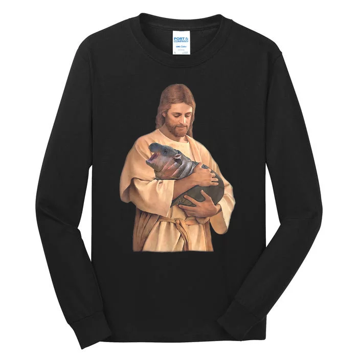 Jesus Loves Moo Deng Bouncy Pig Cute Baby Hippo Meme Tall Long Sleeve T-Shirt