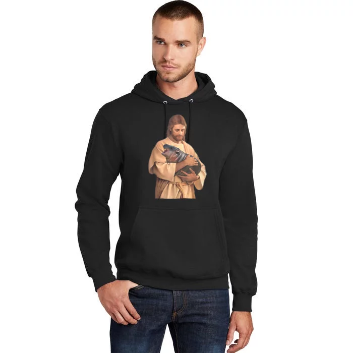 Jesus Loves Moo Deng Bouncy Pig Cute Baby Hippo Meme Tall Hoodie