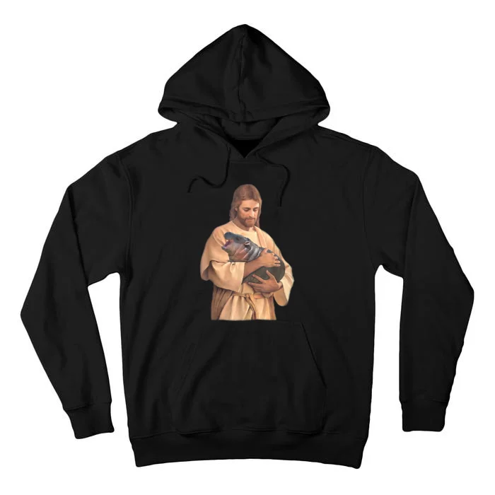 Jesus Loves Moo Deng Bouncy Pig Cute Baby Hippo Meme Tall Hoodie