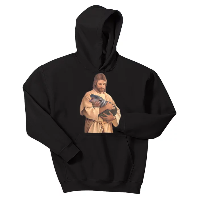 Jesus Loves Moo Deng Bouncy Pig Cute Baby Hippo Meme Kids Hoodie