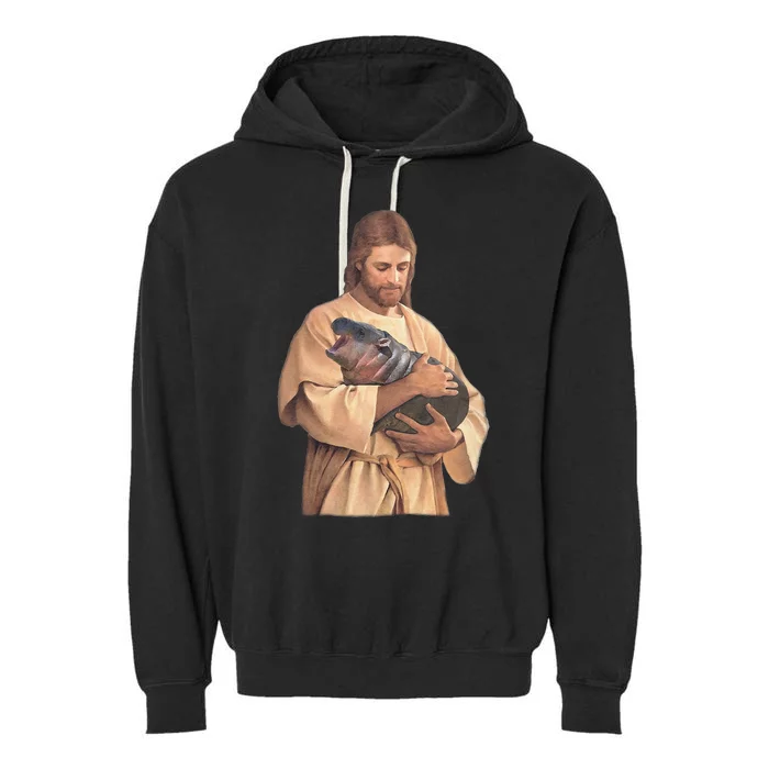 Jesus Loves Moo Deng Bouncy Pig Cute Baby Hippo Meme Garment-Dyed Fleece Hoodie