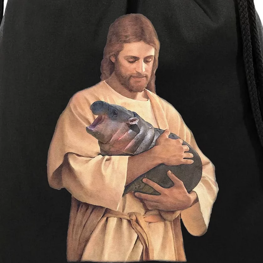 Jesus Loves Moo Deng Bouncy Pig Cute Baby Hippo Meme Drawstring Bag