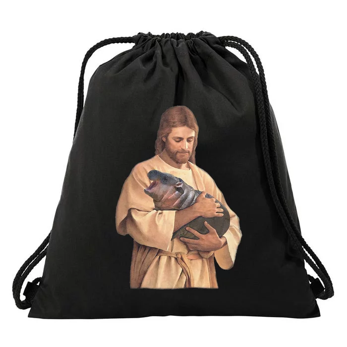 Jesus Loves Moo Deng Bouncy Pig Cute Baby Hippo Meme Drawstring Bag