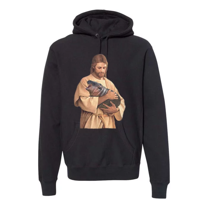 Jesus Loves Moo Deng Bouncy Pig Cute Baby Hippo Meme Premium Hoodie