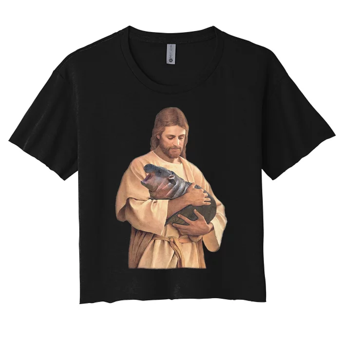 Jesus Loves Moo Deng Bouncy Pig Cute Baby Hippo Meme Women's Crop Top Tee