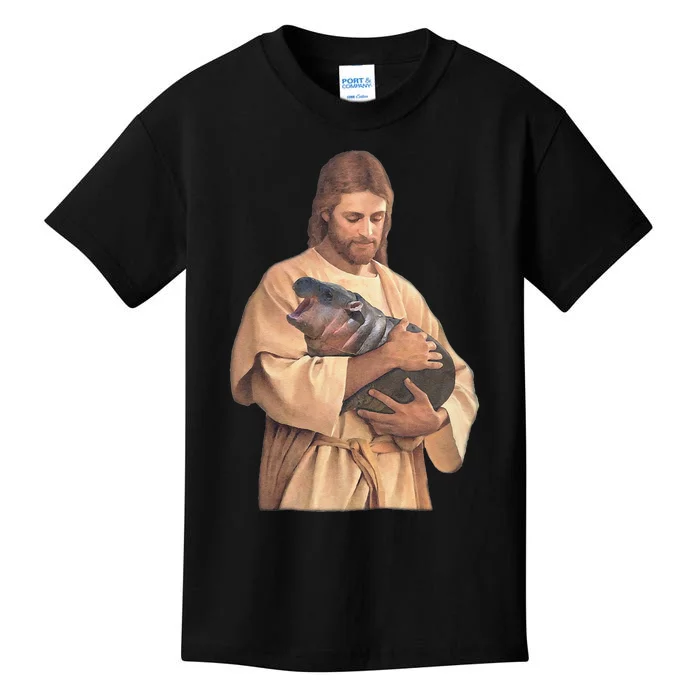 Jesus Loves Moo Deng Bouncy Pig Cute Baby Hippo Meme Kids T-Shirt