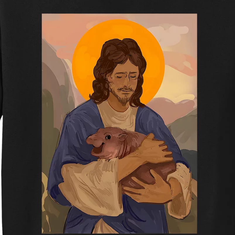 Jesus Loves Moo Deng Bouncy Pig Cute Baby Hippo Meme Tall Sweatshirt