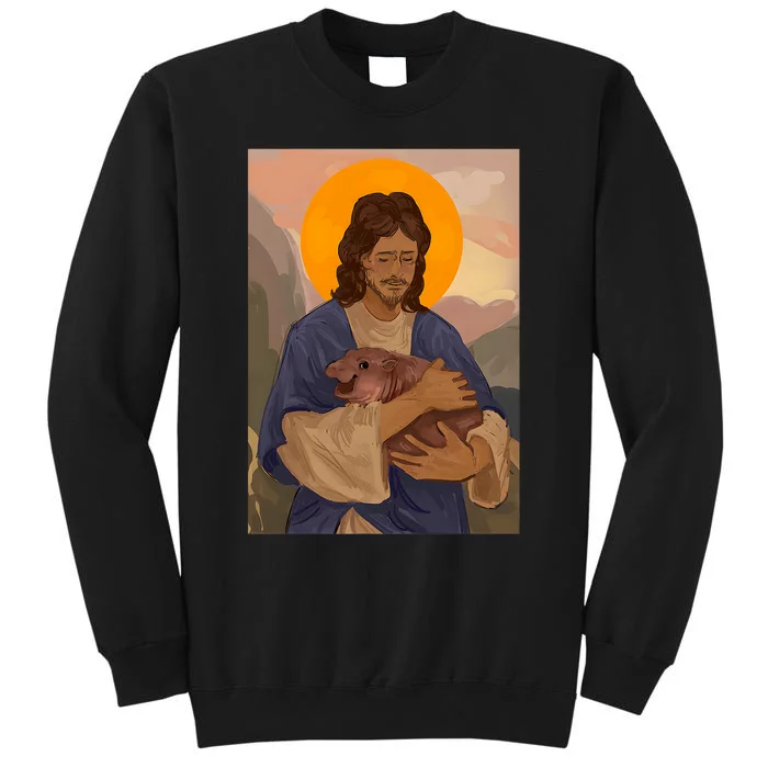 Jesus Loves Moo Deng Bouncy Pig Cute Baby Hippo Meme Tall Sweatshirt