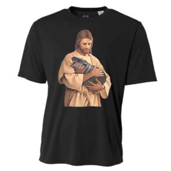 Jesus Loves Moo Deng Bouncy Pig Cute Baby Hippo Meme Cooling Performance Crew T-Shirt