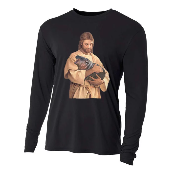 Jesus Loves Moo Deng Bouncy Pig Cute Baby Hippo Meme Gift Cooling Performance Long Sleeve Crew