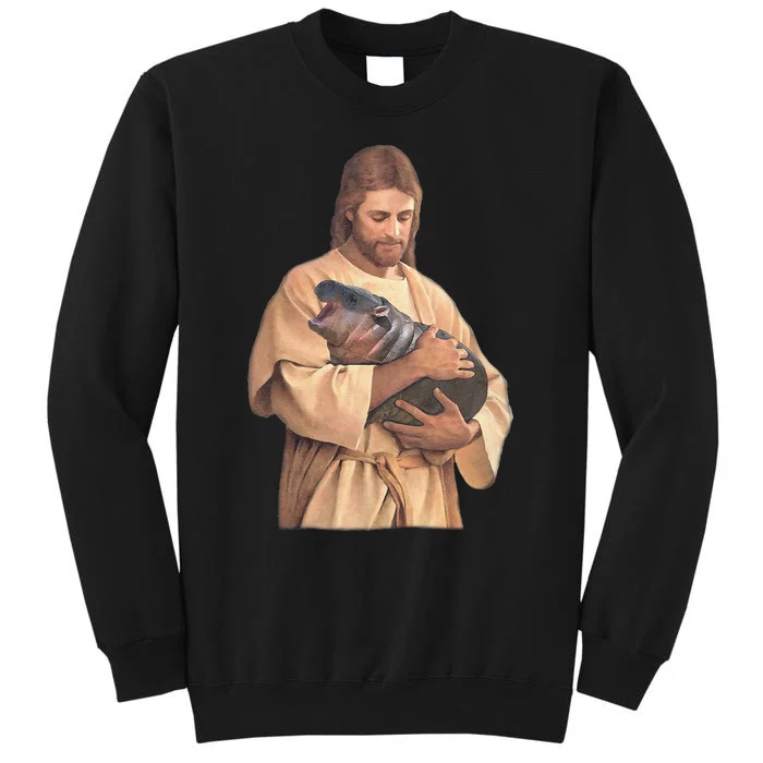 Jesus Loves Moo Deng Bouncy Pig Cute Baby Hippo Meme Gift Tall Sweatshirt