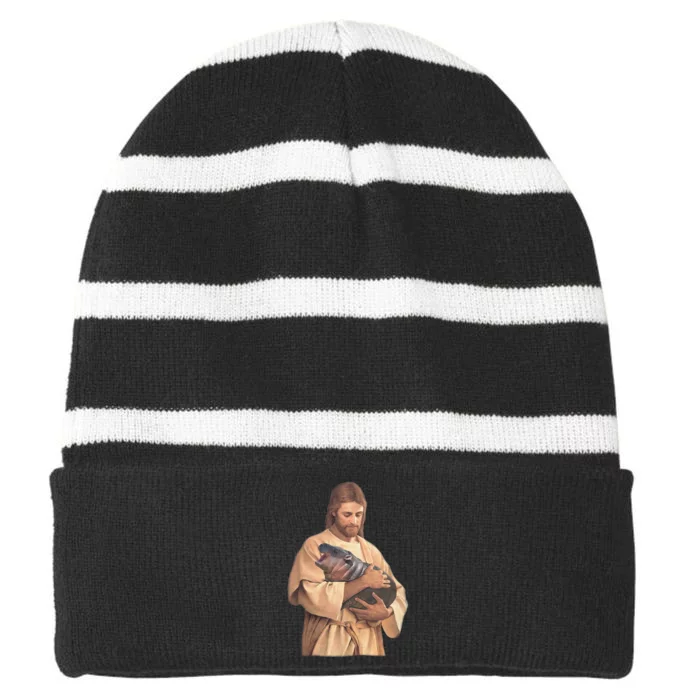 Jesus Loves Moo Deng Bouncy Pig Cute Baby Hippo Meme Gift Striped Beanie with Solid Band