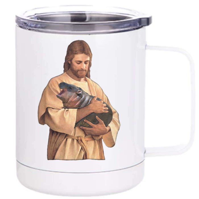 Jesus Loves Moo Deng Bouncy Pig Cute Baby Hippo Meme Gift Front & Back 12oz Stainless Steel Tumbler Cup