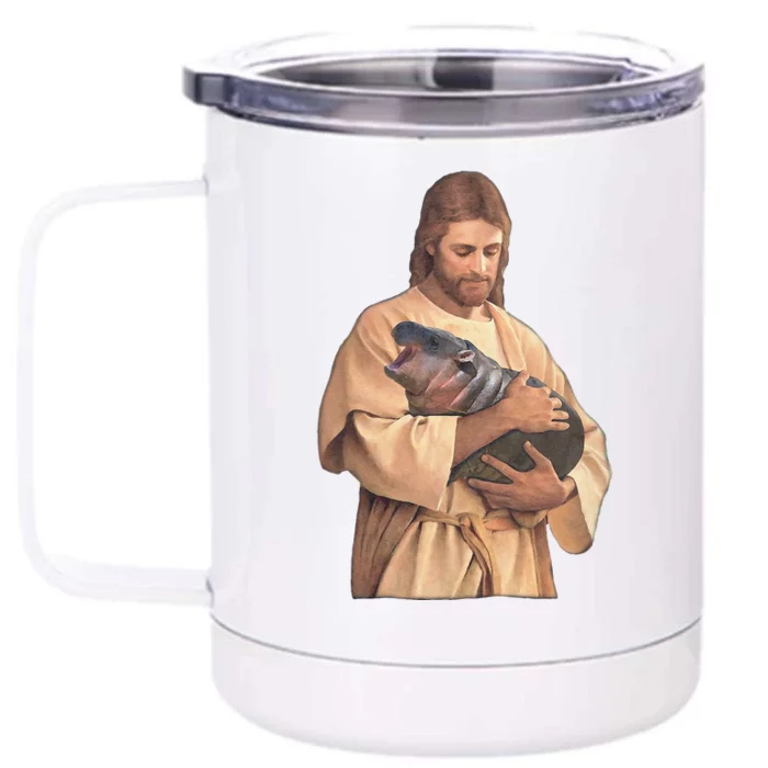 Jesus Loves Moo Deng Bouncy Pig Cute Baby Hippo Meme Gift Front & Back 12oz Stainless Steel Tumbler Cup